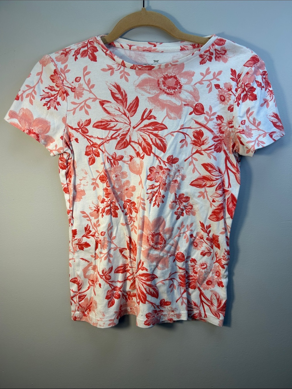 Talbots White Tee with Coral Floral Allover Print
